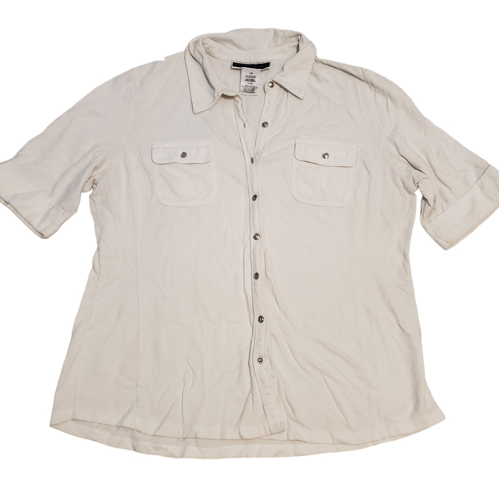 Karen Scott Short Sleeve Cotton Blend Button Down Top
